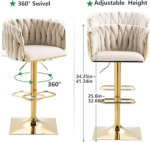 Miniatura 40 de SZLIZCCC Taburete de bar ajustable de terciopelo moderno, taburete de bar giratorio de 360 grados, taburete de isla de cocina curvado con respaldo