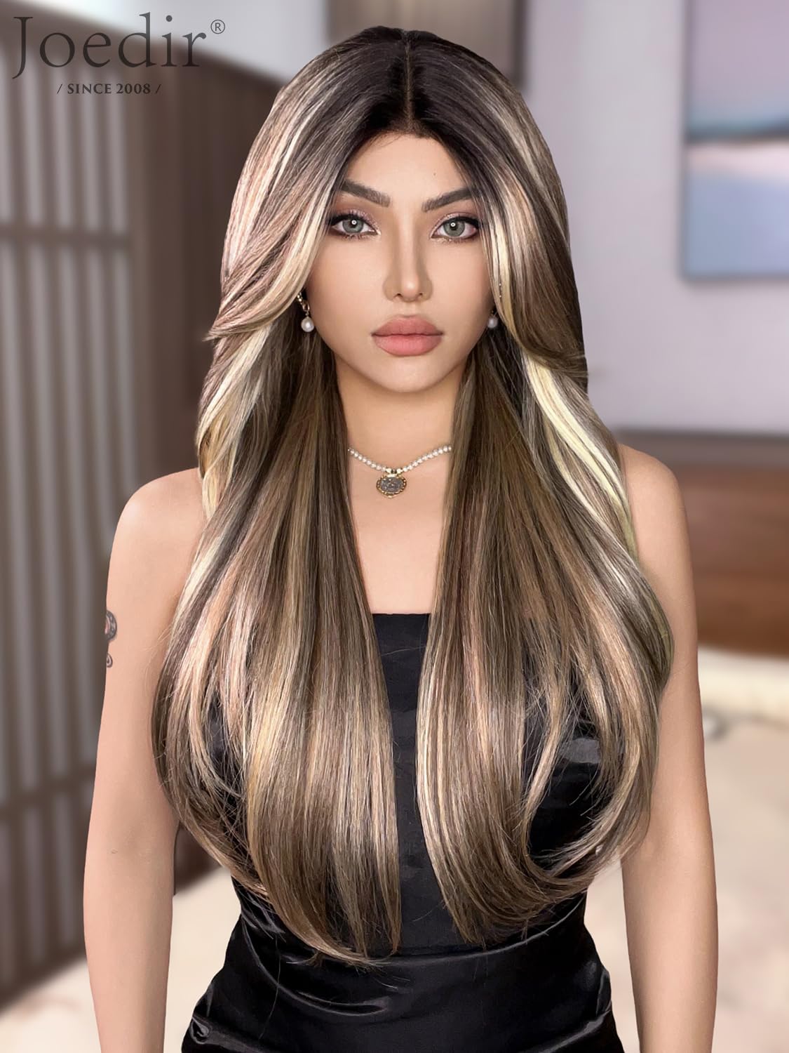 Joedir Long Layered Wig With Curtain Bangs Deep Part Lace Front Wigs for Women 26 Inch Middle Part Highlights Wig Heat Resistant Synthetic Wigs for Daily Party Use