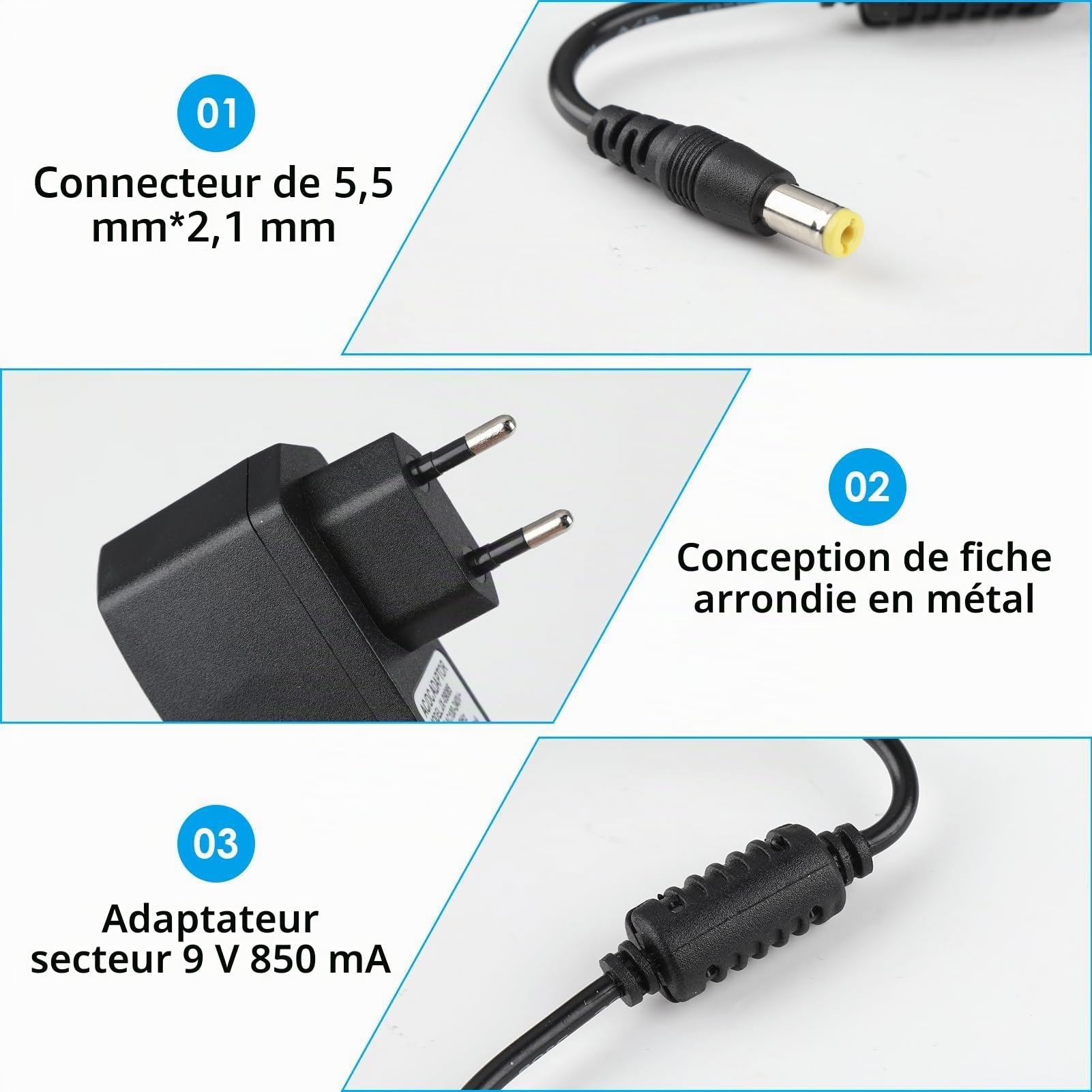 Chargeur Adaptateur d'Alimentation Universel 9V-850mA pour Pédales d'Effet Guitare - Câble de 2m avec Connecteur 5,5mm x 2,1mm, Pointe Négative, Compatible Multi-Marques
