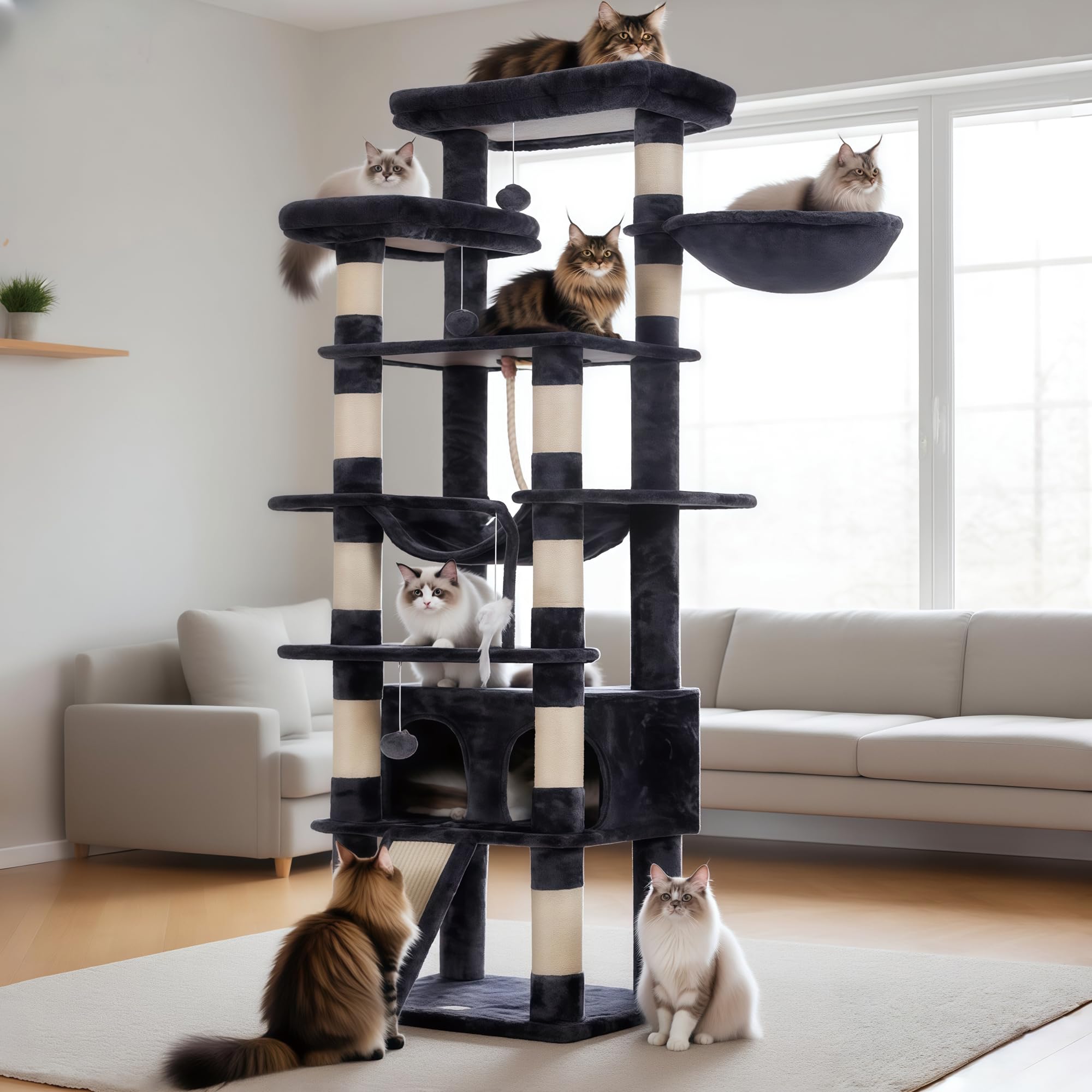 Hebly Tall Cat Tree for Large Cats 20lb Heavy Duty,74inch Multi-Level Cat Tower for Indoor Cats,2 Widened Plush Perches Cat Condo with Scracthing Board and Big Caves,Smoky Gray HCT033G