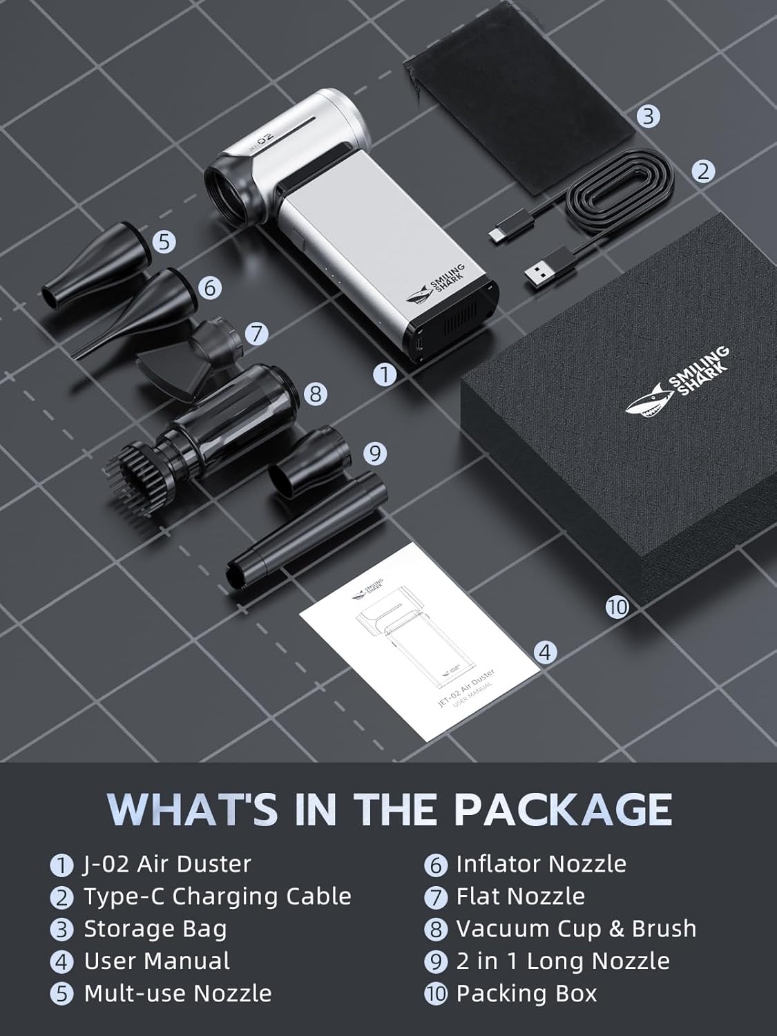 Smiling Shark Compressed Air Duster, J02 Super Power 150000RPM Aluminum Electric Air Duster with Mini Vacuum Cleaner, 2 Modes (Normal&Storm) Adjustable Dust Blower for PC/Outdoor/House/Car