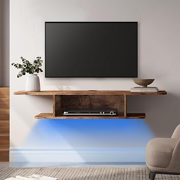 FITUEYES Floating TV Stand with Blue LED,2 Tier Wall Mounted Entertainment Shelf Under TV, Brown