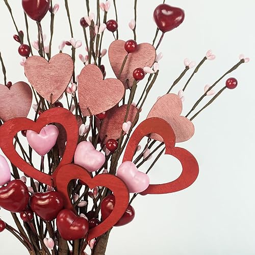 Miniatura 5 de Krissing Decoración del día de San Valentín, 4 piezas de flores para el día de San Valentín con jarrón de madera, corazón rojo y rosa, tallo de