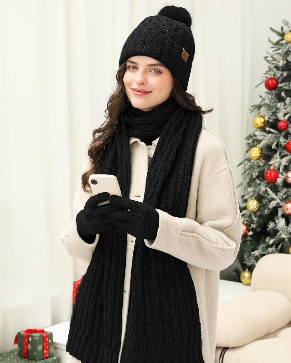 Womens Winter Beanie Hat Touchscreen Gloves Long Neck Scarf Set Warm Knit Caps with Pom Fleece Gifts for Women - Image 6