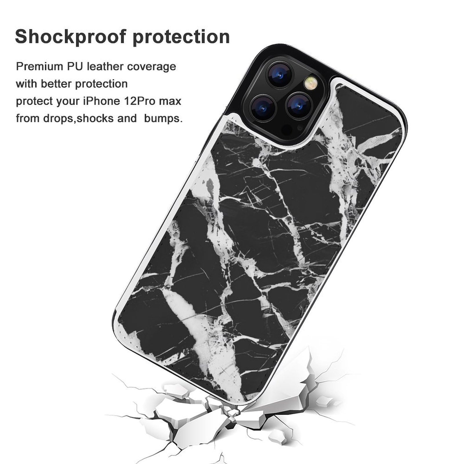 Fundas tipo cartera para iPhone 12 Pro Max, con estampado de mármol blanco y negro, funda de piel con ranuras para tarjetas