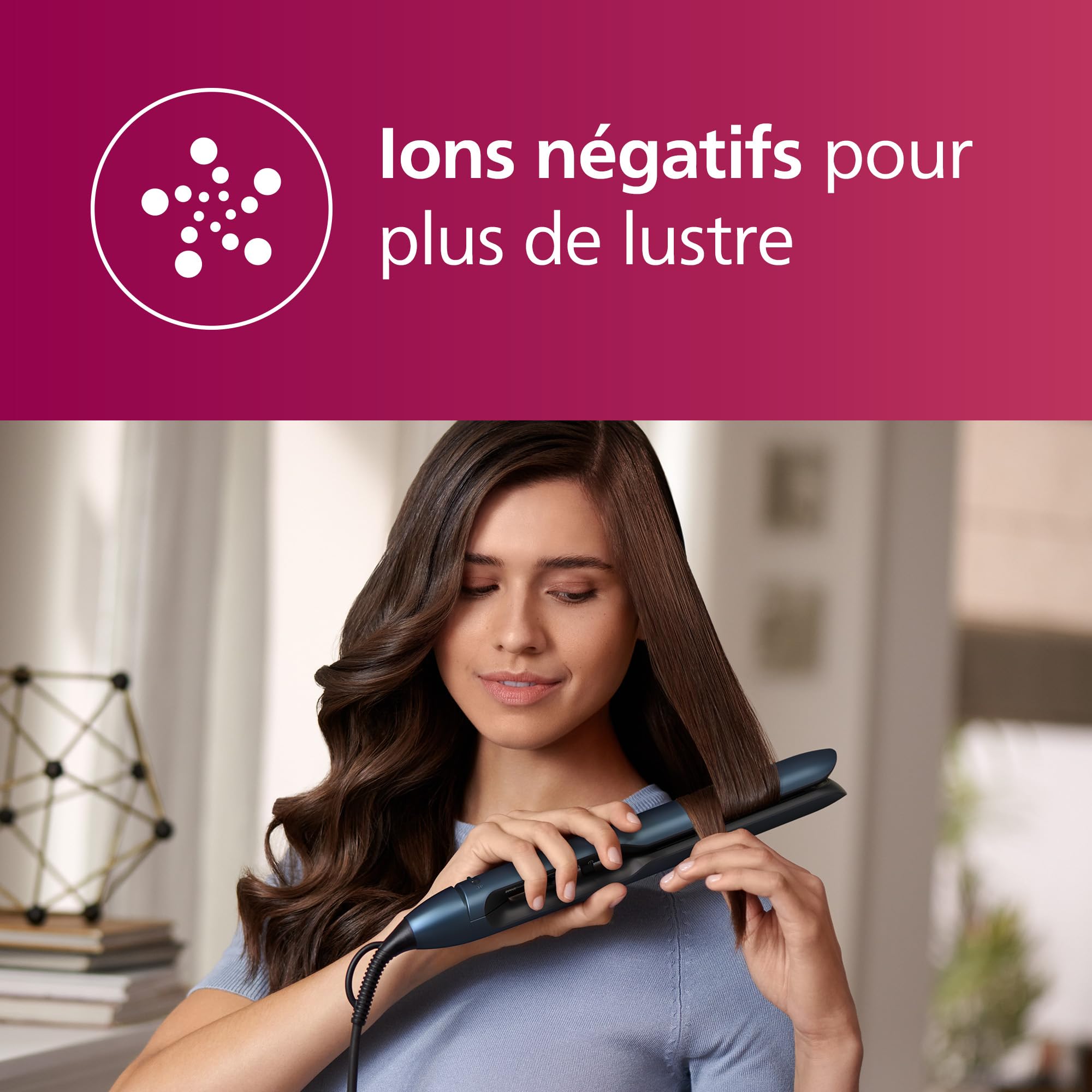 Philips 7000 Series - Lisseur, technologie ThermoShield, ionique, plaques avec revêtement céramique infusé à l'huile d'argan, bleu canard métallisé, modèle BHS732/00