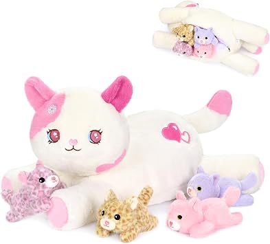 Onsoyours Original 5PC Cat Stuffed Animals with Babies Inside, Kawaii Kiity Plush with Mommy & 4 Kittens - Cute Plushies Toys for Girls Kids Pink