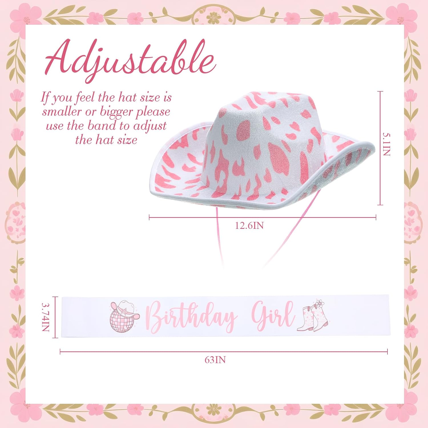 Geyoga Pink Cowgirl Hat with Birthday Girl Sash - Hot Pink Cowgirl Birthday Set for Princess Women Western Cow Theme Rodeo Retro Horse Party Decorations Favors