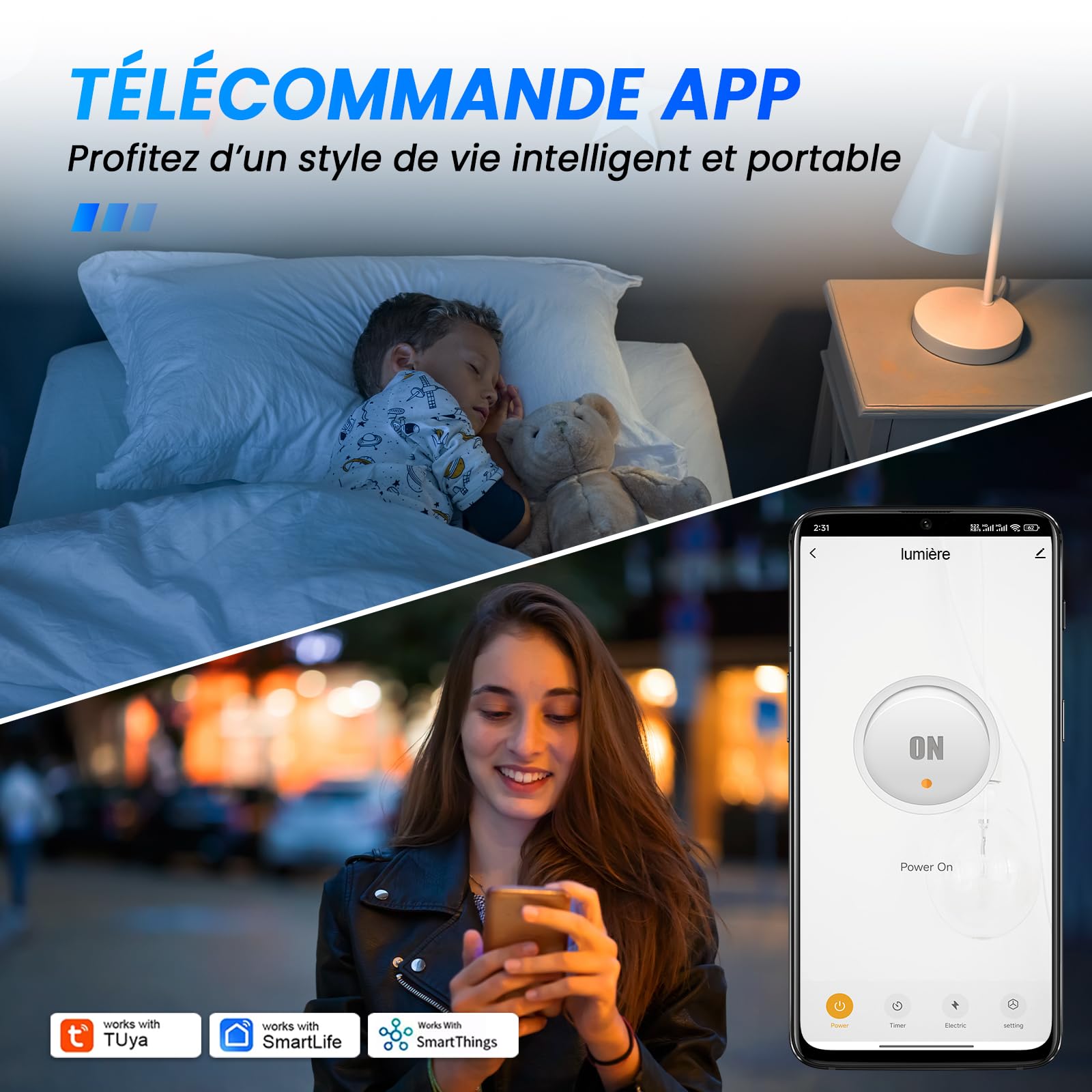 Prise Connectée (Type F) 16A WiFi Intelligente avec Suivi de consommation Télécommande Commande Vocale Fonction de Temps 2,4 GHz Prise Intelligente Compatible avec Alexa et Google Home