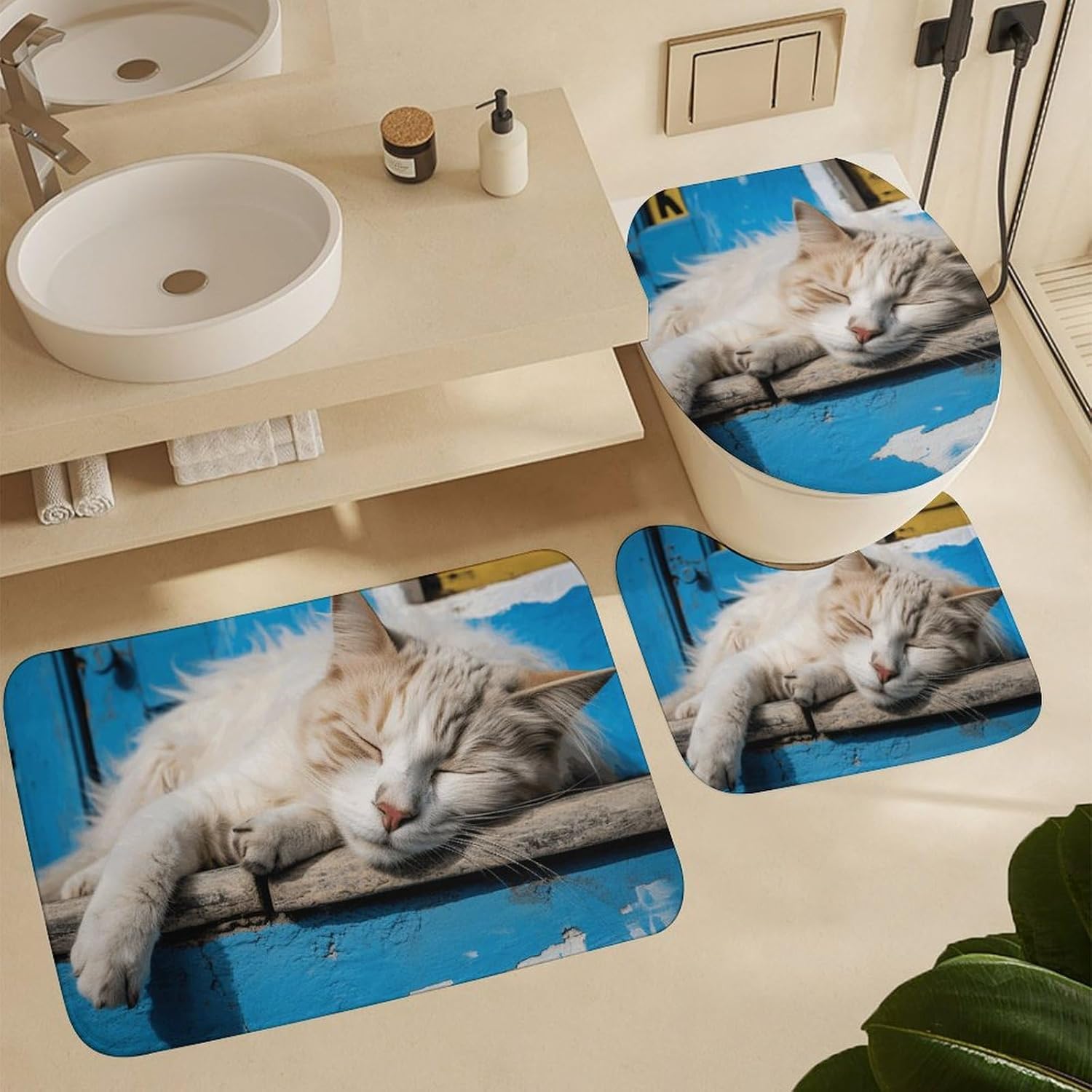 Anti-Skid Floor Mats 3 Piece Set,Sleeping Little Cat Printed Coral Fleece Bathroom Mats U-Shaped Contour Mat Toilet Seat Cover for Bathroom, Tub, Shower, Kitchen 19.7"x31.5"