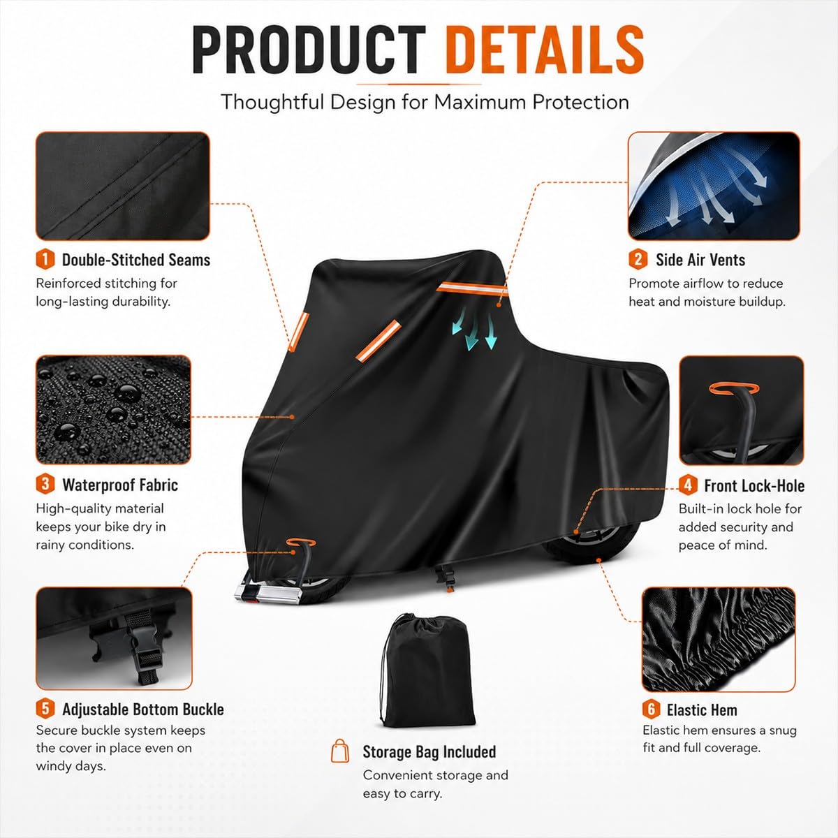Funda Moto Impermeable Exterior Todas Las Estaciones, Cubierta de Moto Oxford con Orificio Antirrobo, Hebilla Cortaviento, Ventilación, Tiras Reflectantes y Bolsa