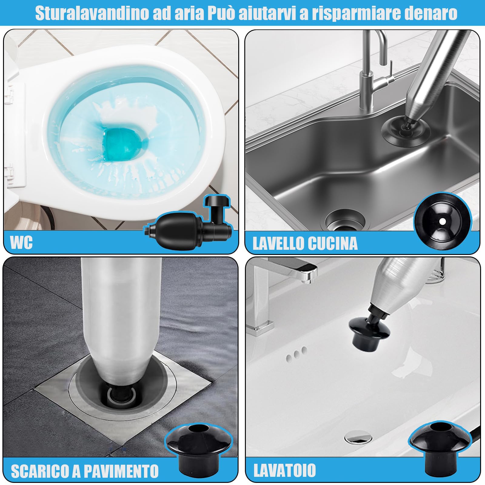 Stura wc,Pompa stura scarichi a pressione, stura lavandini a pressione, stantuffo per WC, stura lavandini e scarichi a pressione,sblocco lavandino da cucina e bagni/bidet (BA)