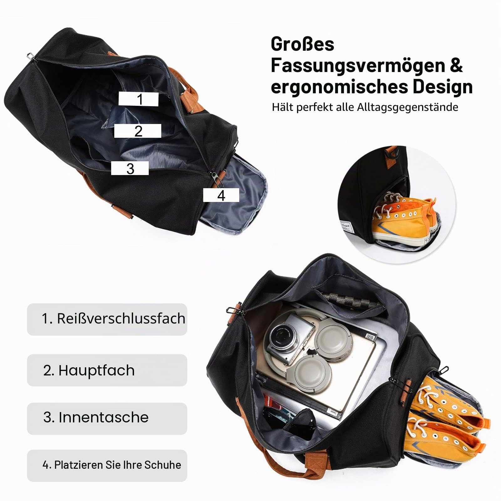 FANDARE Reisetaschen Sporttasche Damen Umhängetasche Herren Handgepäck Schultertasche Übernachtung Sporttasche Weekender Schwimmtasche Große Kapazität Trainingstasche mit Schuhfach Dunkelbraun