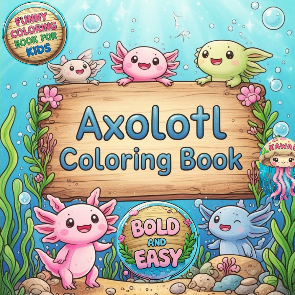 Axolotl Coloring Book: Relaxing and cute animal scenes with bold lines, simple design, cozy and kawaii, single-sided pages for kids and teens
