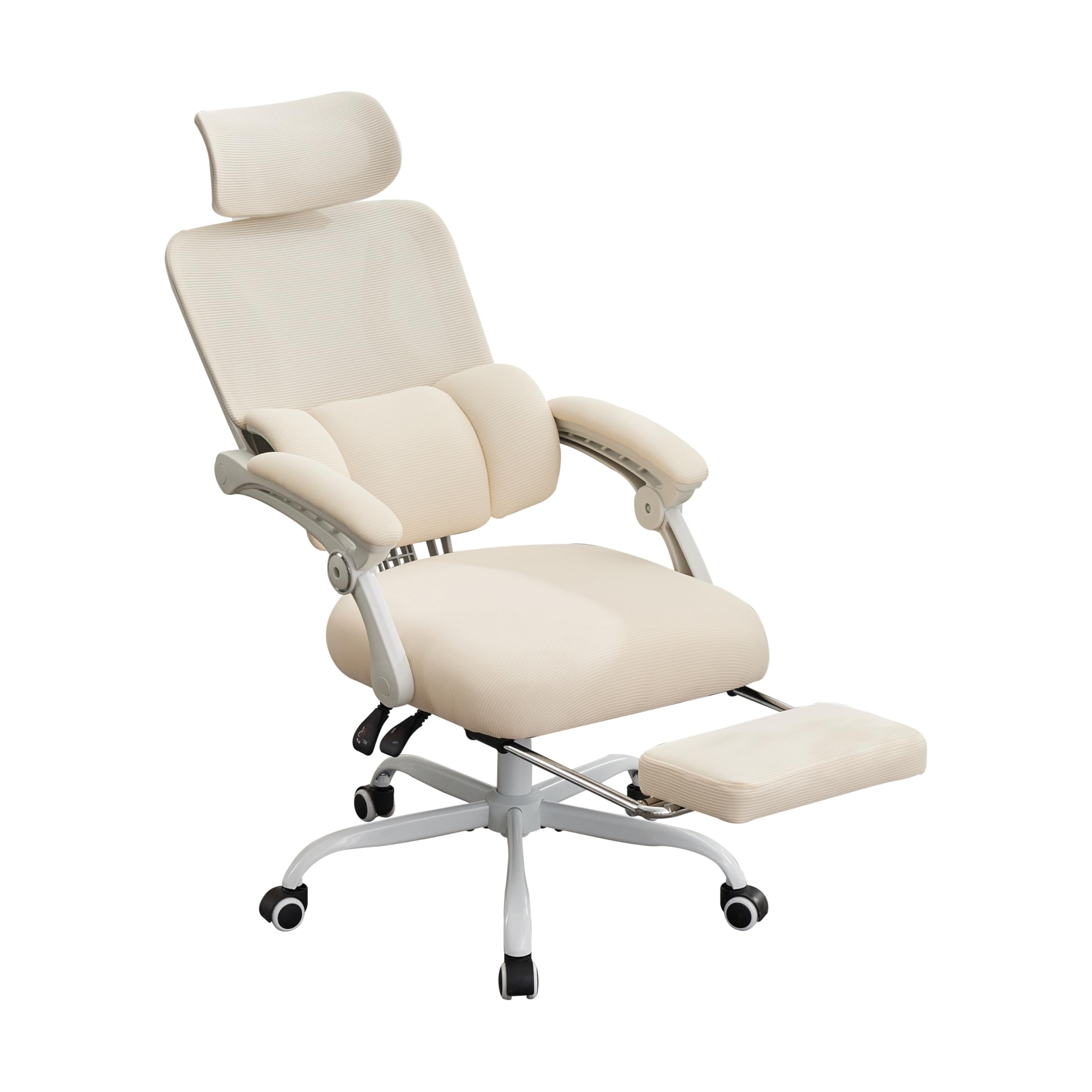 UEV Ergonomiczne krzesło biurowe z podnóżkiem, beżowe, krzesło do biura domowego, krzesło obrotowe, krzesło biurowe, nachylenie do 135°, regulacja wysokości, obciążenie do 150 kg, oddychający materiał