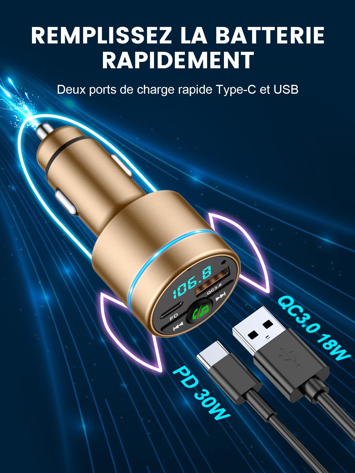 Mohard Transmetteur FM Bluetooth 5.3, Tout Métal Bluetooth Voiture, Chargeur Rapide de Voiture PD30W Type C+QC3.0, Adaptateur Bluetooth Autoradio, Suppression du Bruit, Appel Main Libre, Musique Hi-Fi