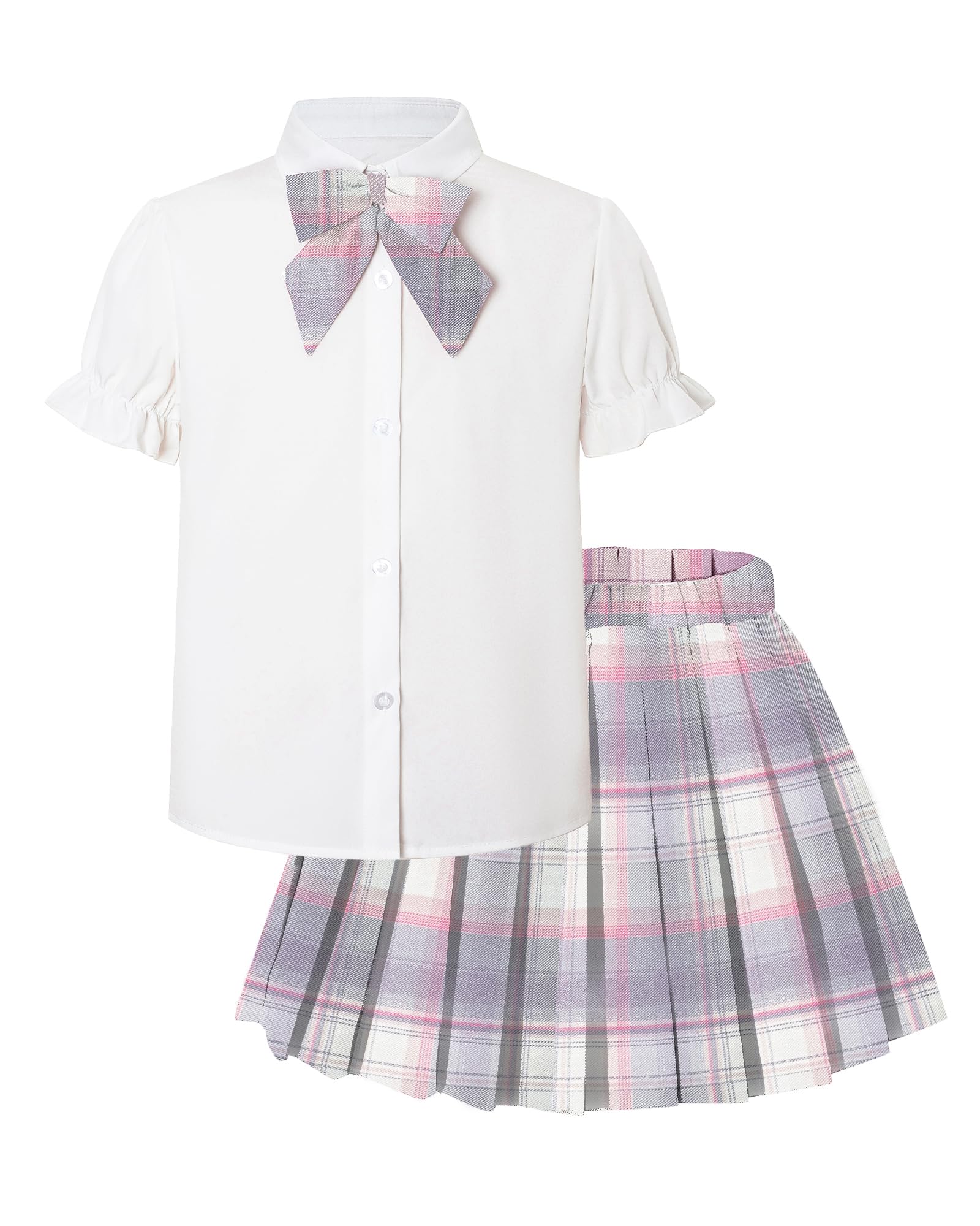 Betusline Girls JK Uniform Outfit, Shirt with Bow &amp; Pleated Skirt,4T-16Y