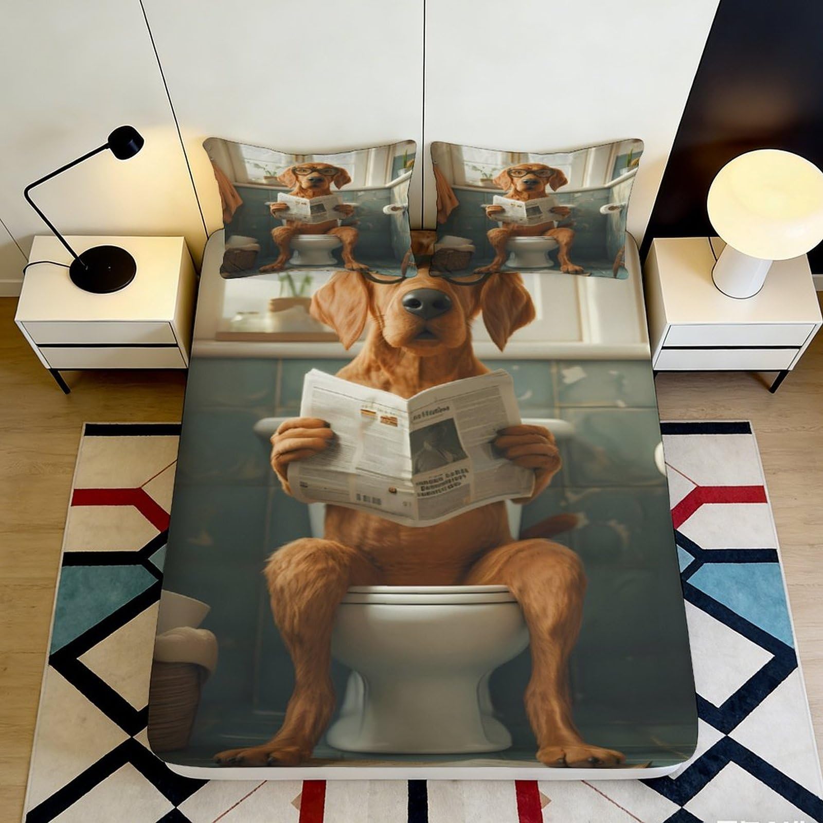 3D Printed Funny Dog Fitted Sheet Microfiber Soft Brown Toilet Newspaper Bed Cover for Bedroom Dorm Mattress Protection Decor, Easy Care 90x200x25cm