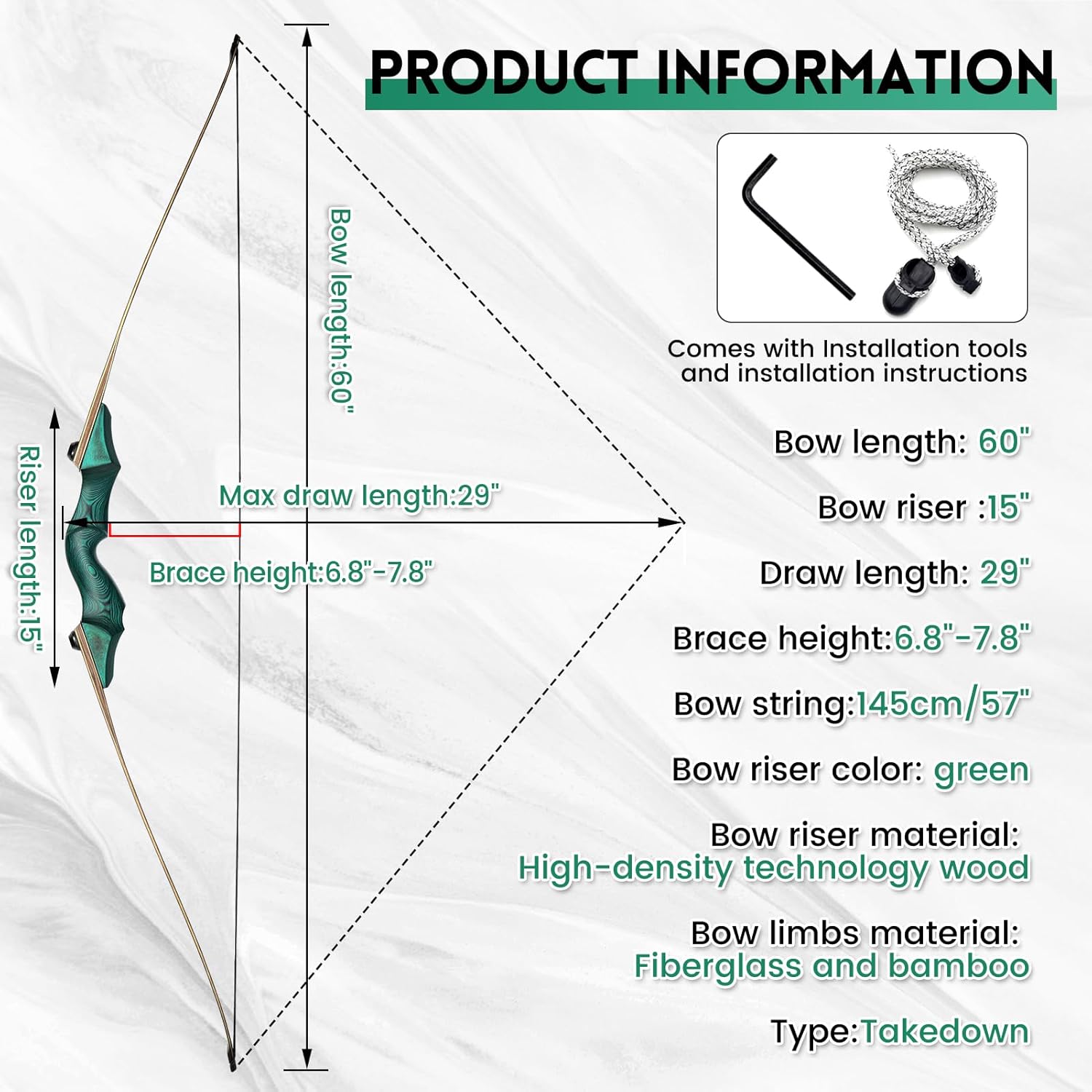 oubert 60inch Takedown Longbow 20-60lbs Archery Bow and Arrow Set with Arm Guard Finger Guard and Bow Bag Hunting Bow for Right Handed Shooter Target Practice