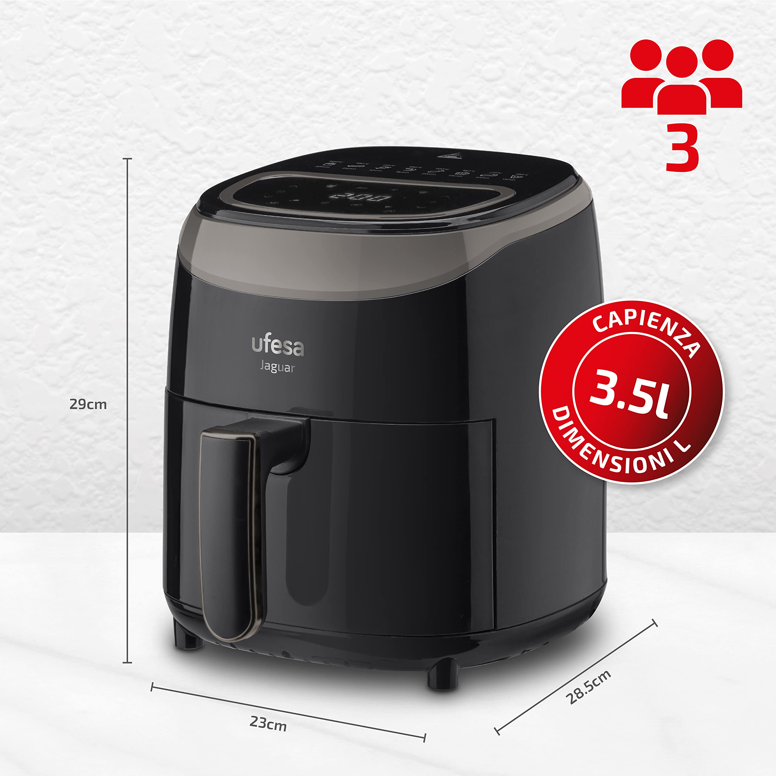 Ufesa Jaguar Friggitrice Aria Digitale Senza Olio da 3,5 L, 8 programmi preinstallati, 1200 W, Timer, Temperatura da 80ºC a 200ºC, Senza BPA ne PFOA, Cestello e vassoio antiaderenti