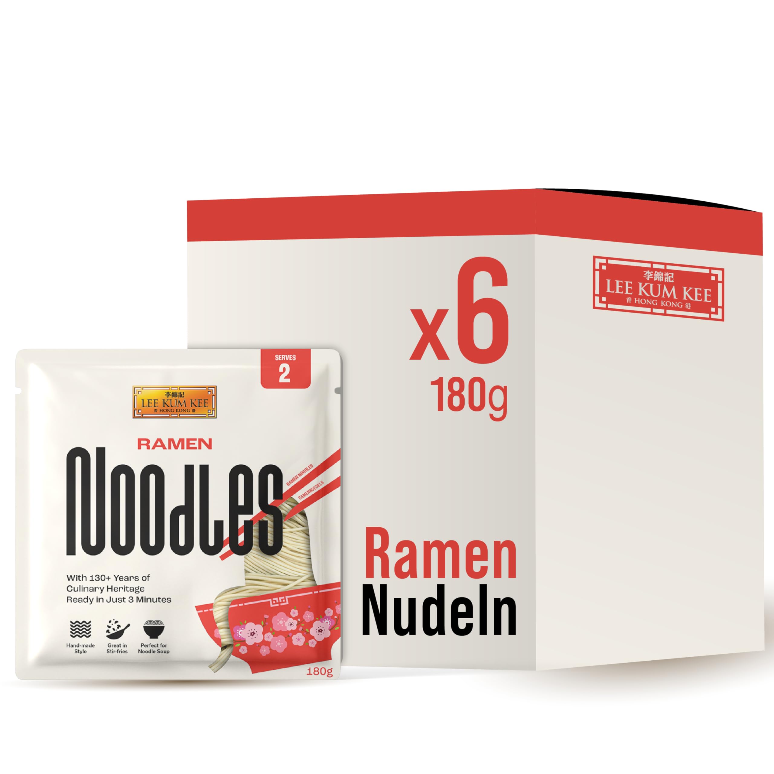 LEE KUM KEE Ramen Nudeln - Asiatische Ramen mit zarter und glatter Textur, der Klassiker für Ramen-Suppen und Stir-Fry Pfannengerichte, Semi-dry Nudeln, zwei Portionen pro Packung, 6 x 180 g Multipack