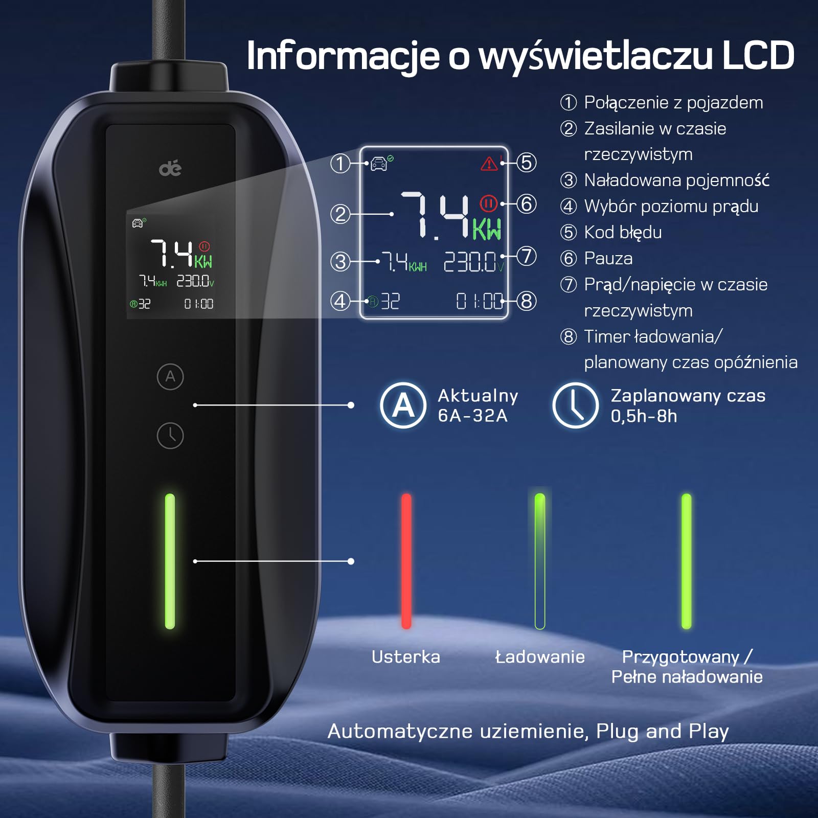 dé Ładowarka samochodowa elektryczna 7,4 kW, ładowarka pojazdu elektrycznego 32 A, 8m, 6–32 A, ładowarka i stacja ładująca do modeli 3/Y i innych EV/PHEV