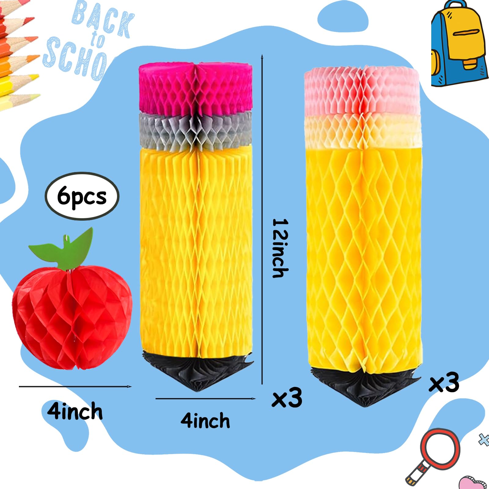 12Pcs Back to School Hanging Honeycomb, Pencil Apple Classroom Hanging Decorations (Classic)