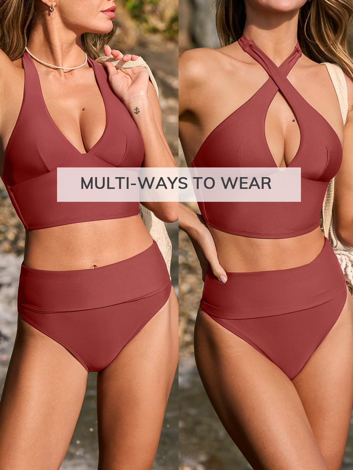 CUPSHE Damskie zestawy bikini z dekoltem w serek z wysokim stanem dwuczęściowy strój kąpielowy wiązany na szyi z tyłu kostium kąpielowy