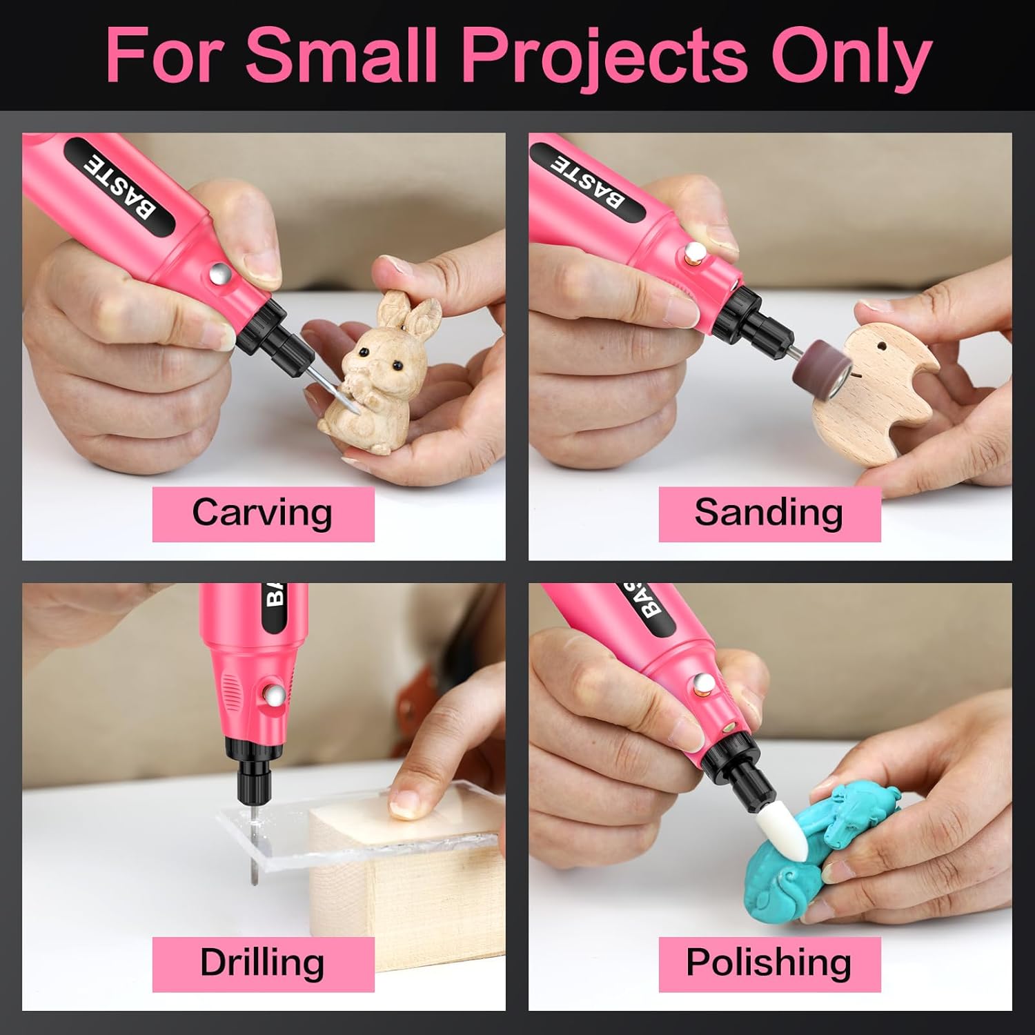 Baste Mini Cordless Rotary Tool Kit - 5 Speed 18000RPM, 109 Accessories 2000mAh Type-C Charging Power Rotary Tool for 3D Printing, DIY Crafts, Sanding, Polishing, Drilling, Etching, Engraving (Pink)