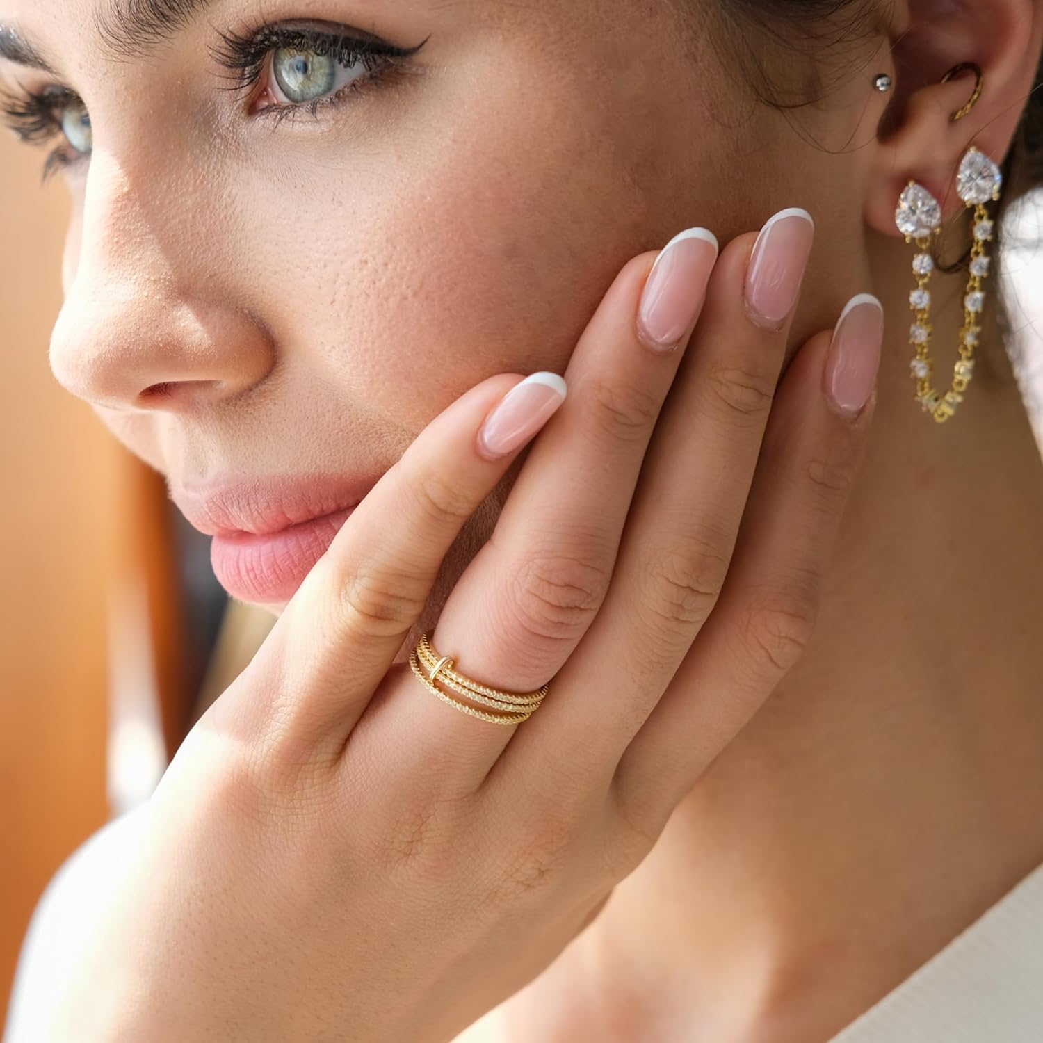 espere Rhodium Plated Sterling Silver Dainty Three Band Ring | Women's CZ Triple Eternity Ring | Thin Wedding Band for Stacking