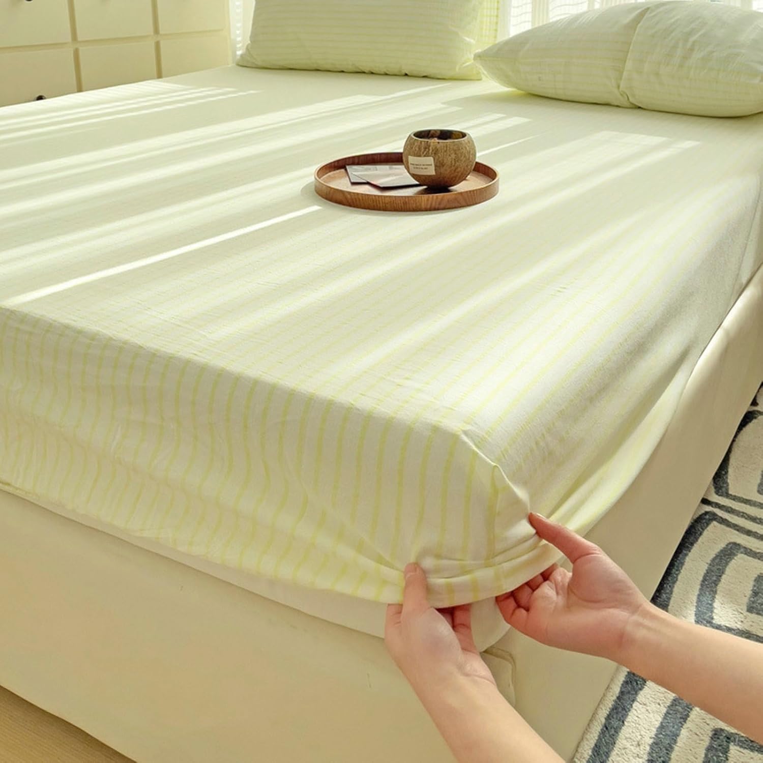 Twin Mattress Fitted Sheet Deep Pocket Polyester Cotton, Stripes Pattern 35"x79" Bed Fitted Sheet Green Soft Bottom Fitted Sheet for 8 inch Mattress