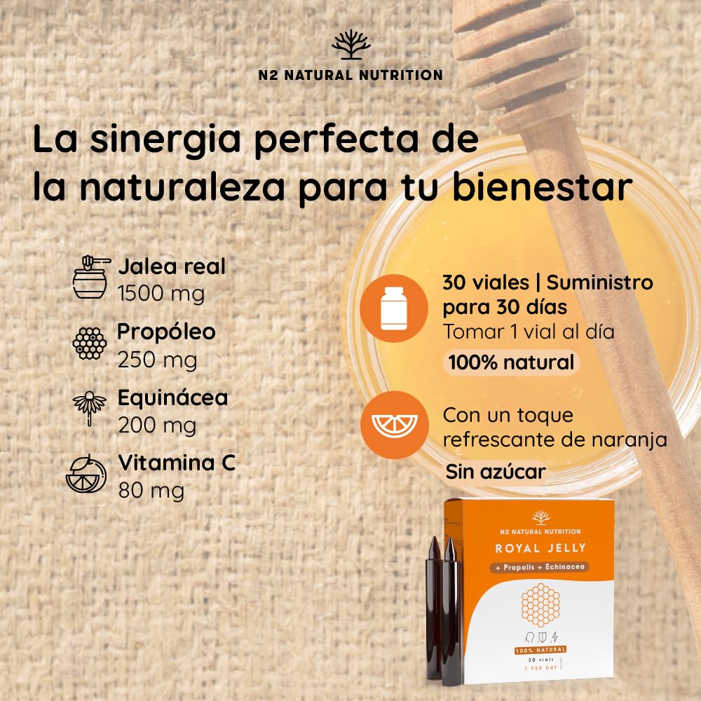 Jalea Real Adultos y Niños + Vitamina C + Propóleo + 2000 mg de Equinácea. Perfecto para Recuperar Energía y Fortalecer el Organismo. 30 Viales (10ml). Sabor Naranja. CE. N2 Natural Nutrition