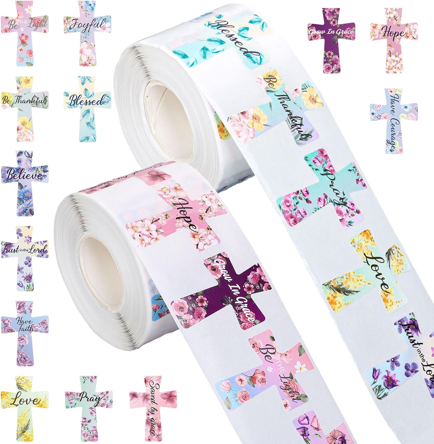 Whaline 1000 Pcs Easter Stickers Floral Cross Roll Stickers Assorted Bible Verse Cross Self-Adhesive Decals for Water Bottles Scrapbook Journal Spring Easter Basket Stuffers Christian Holiday