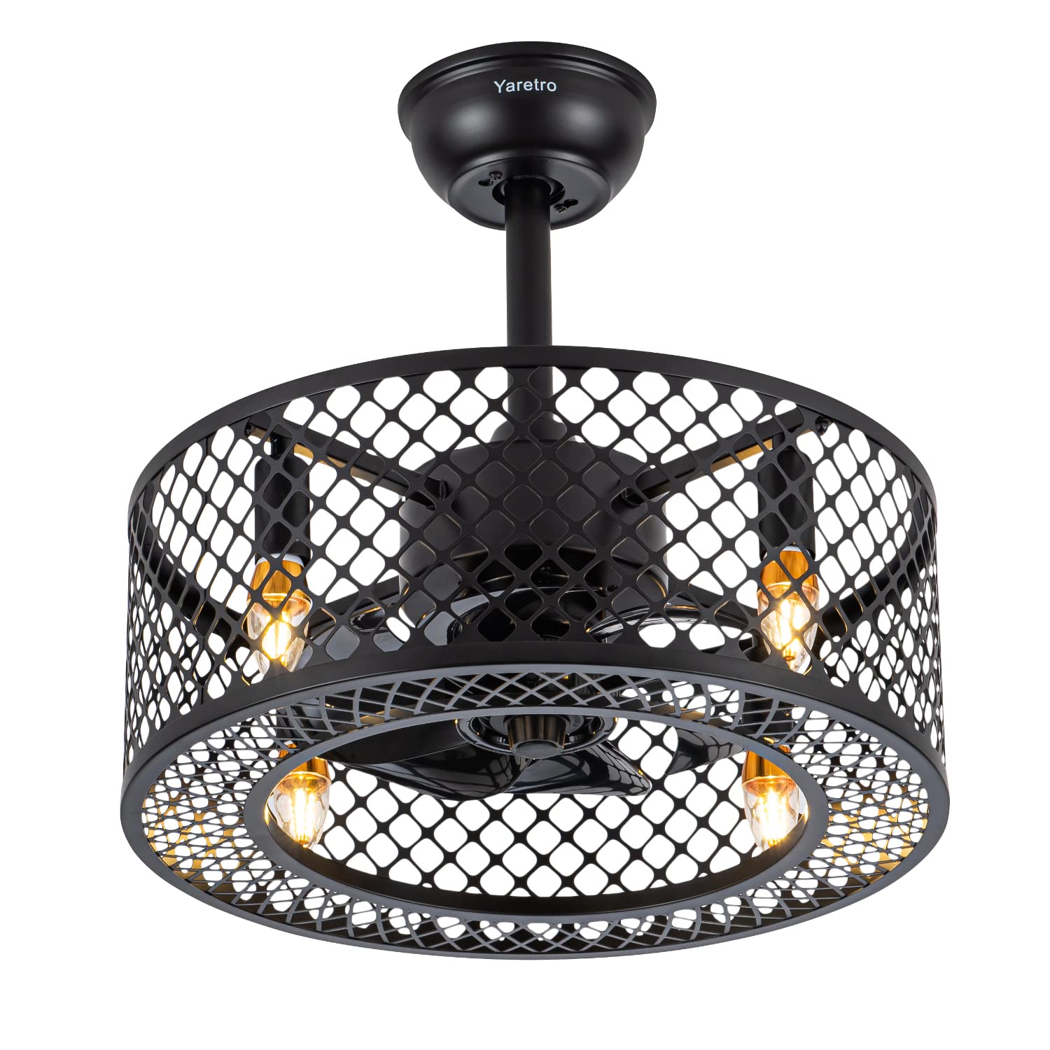 Caged Ceiling Fan with Lights Remote Control Industrial Enclosed Blades Fan with Lighting Reversible Motor Adjustable for Living Room,Bedroom,Kitchen Island,Dining Room,3 Speeds,18",Black