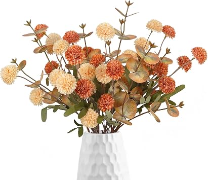 Pompom Mum Artificial Flowers,8 Stems Faux Kiku Flower with 3 Branches Eucalyptus Stems Mixed Orange Flowers Silk Pom Pom Balls for Wedding Bouquet Home Party Floral ArrangementsMixed Orange