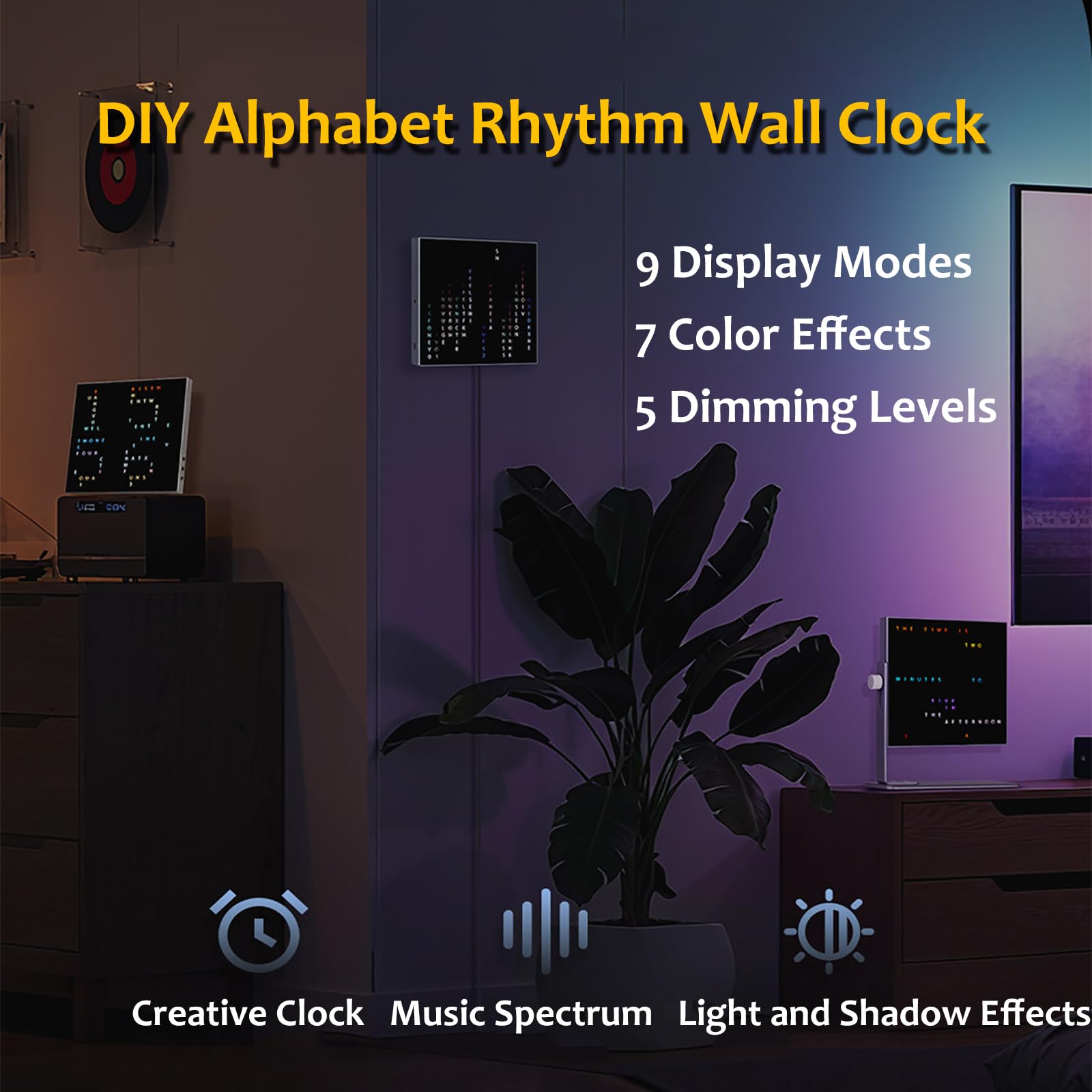 Reloj De Pared DIY con Ritmo Alfabético, Reloj De Texto Creativo con Soporte Ajustable, Rotación De 360°, 9 Modos De Visualización, Brillo/Color Ajustables, Micrófono Integrado