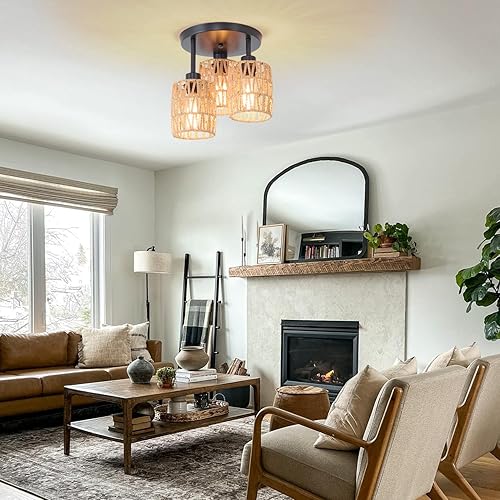 Miniatura 9 de Lámpara de techo de ratán tejida de 3 luces, luz de montaje semiempotrada tejida a mano, cesta natural costera bohemia cerca del techo, para