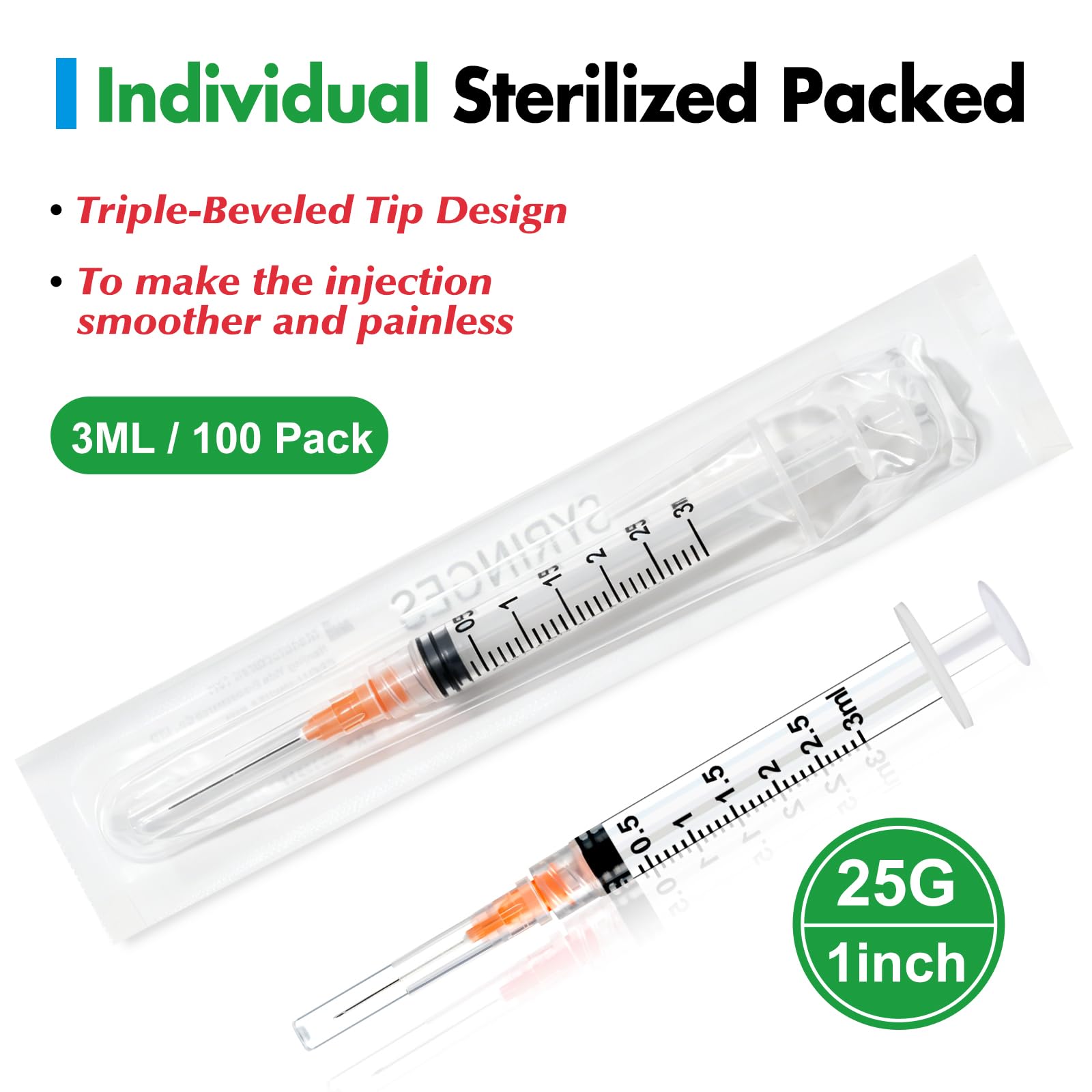 100 Pack 3ml Lab Syringes with 25Ga 1 Inch Needle Luer Lock, Individually Sealed Packed — Amazon image 5