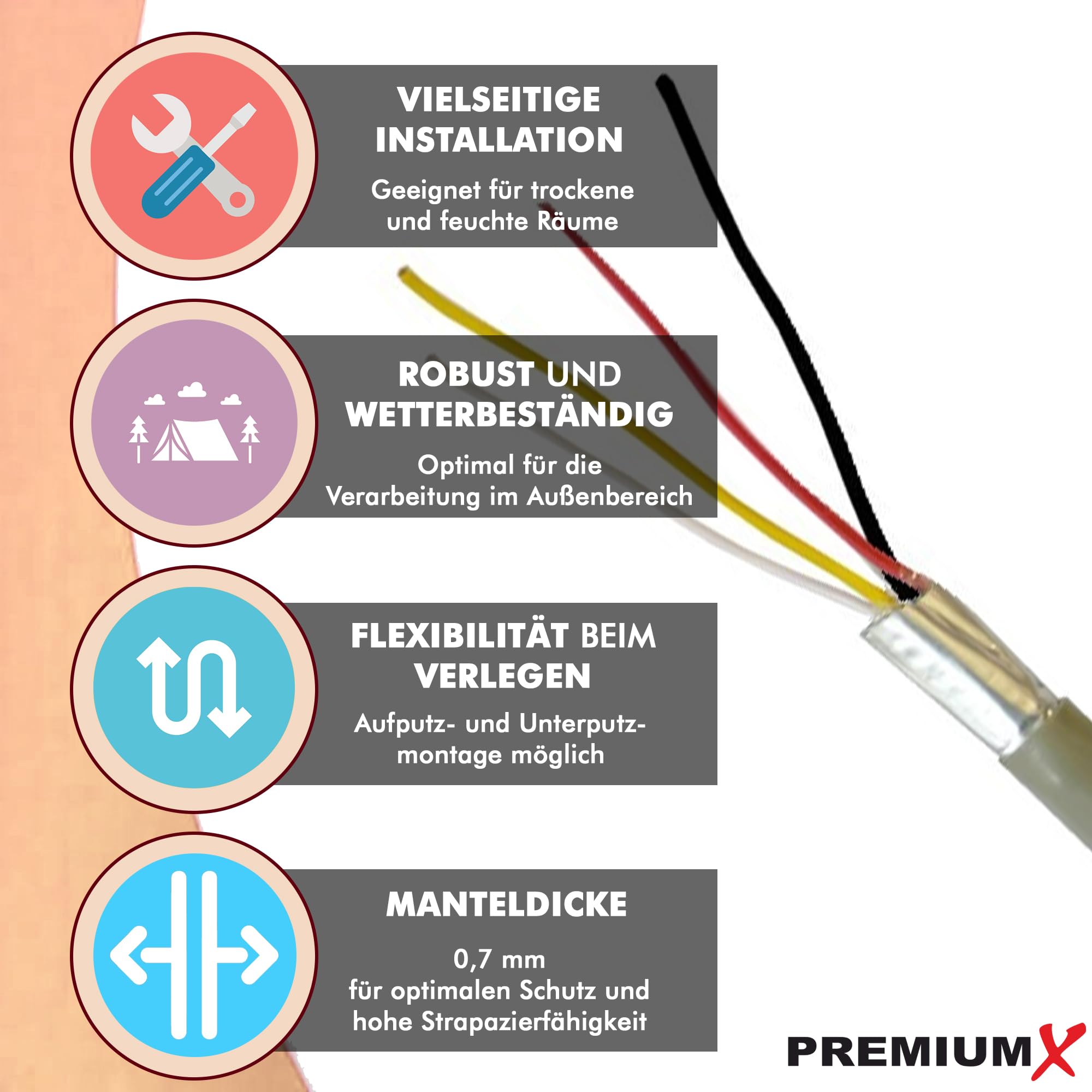 Premium X 100m Cable Telefónico 4 Conductores 2x2x0,6mm J-Y(ST) Y - Cable de Instalación, Línea Telefónica, Cable de Telecomunicación, Blindaje de Aluminio, Diseño CCA, para Interior/Exterior