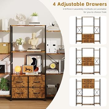 VERMESS 122W x142H cm Triple Book Shelf, 4 Tier Industrial Bookshelf for Home & Office, 47 Wide Large Shelving Unit with 4 Adjustable Fabric Drawers, Metal Frame Wooden Board, Rustic Brown