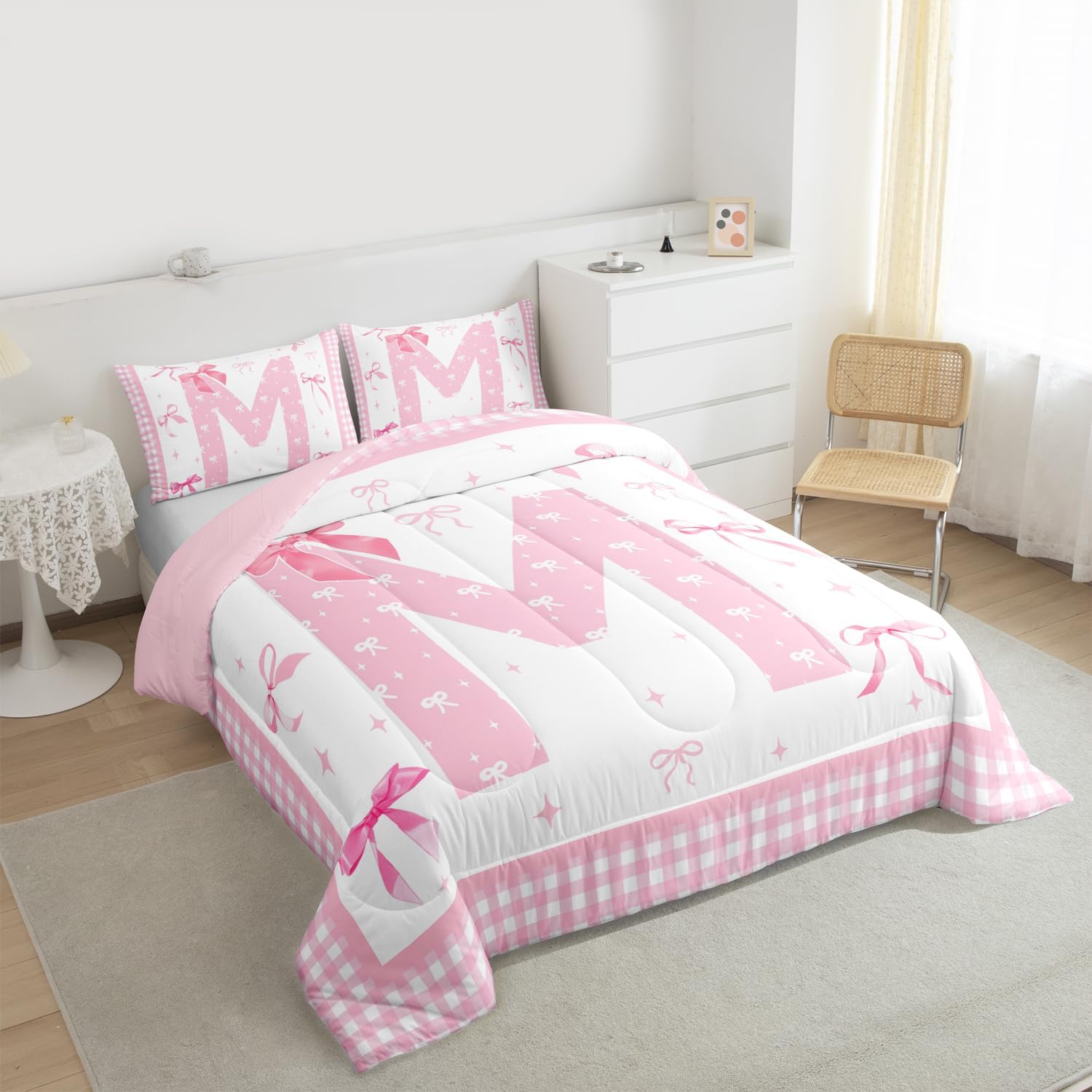 jejeloiu Kawaii Pink Bow Comforter Set Twin Initial M Bedding Set Cute Coquette Bow Knot Duvet Quilt Gifts for Women Teen Girl,Bedroom Decor Personalized Letter M Microfiber 2 Pcs with 1 Pillow Cases