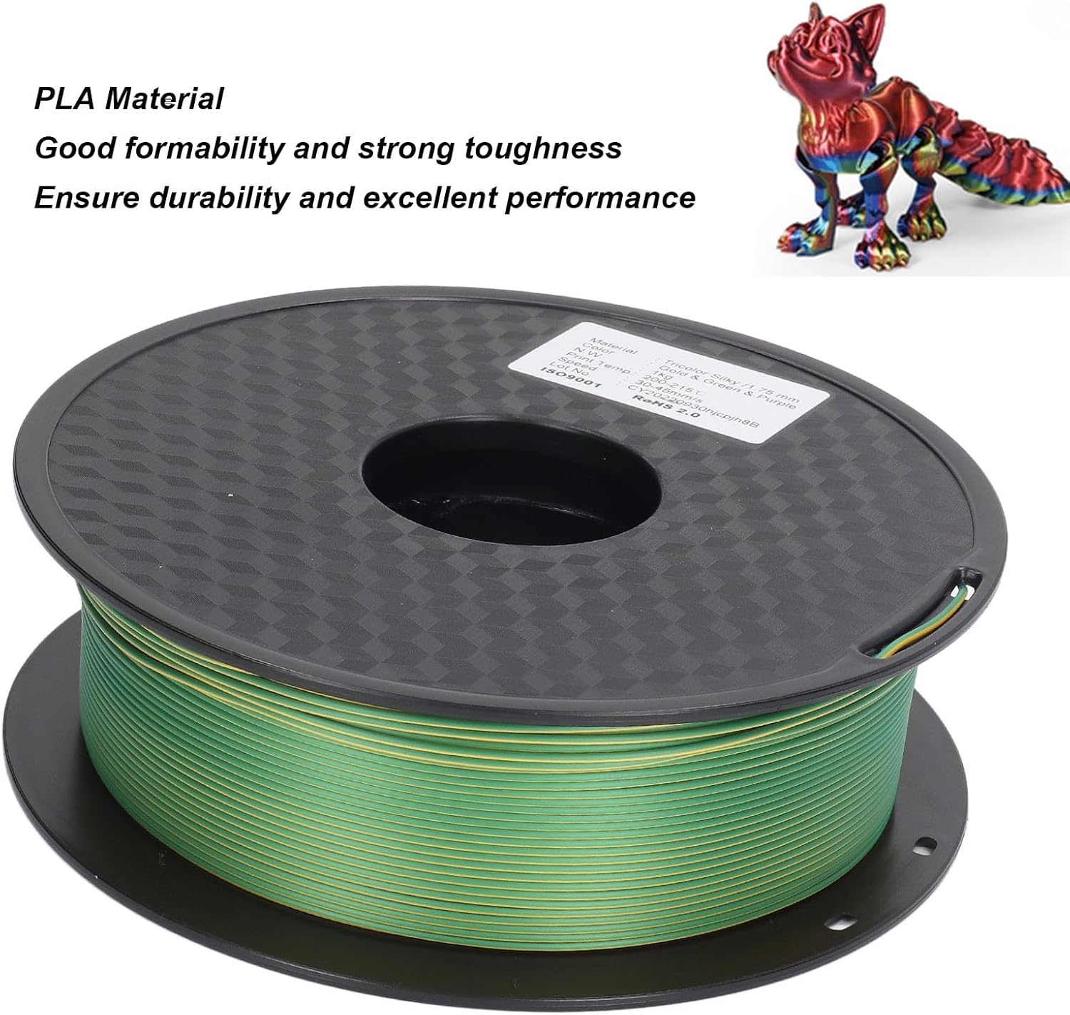 Triple Color PLA Filament: Gold, Green, Purple Silk for 3D Printing, Ensured Durability, Eco Friendly, Strong Toughness, Smooth Printing