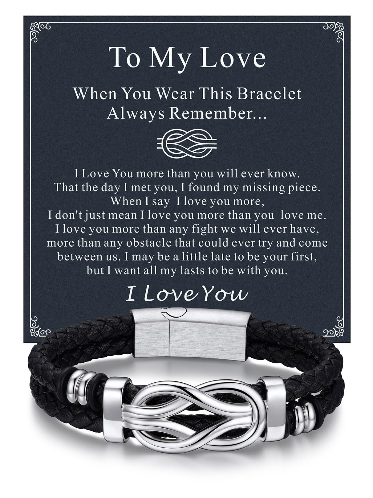 Bandmax Infinity Love Knot Bracelet for Men Black Leather Love Link Cuff Bracelet Mens Gifts for Father's Day Birthday Anniversary Christmas