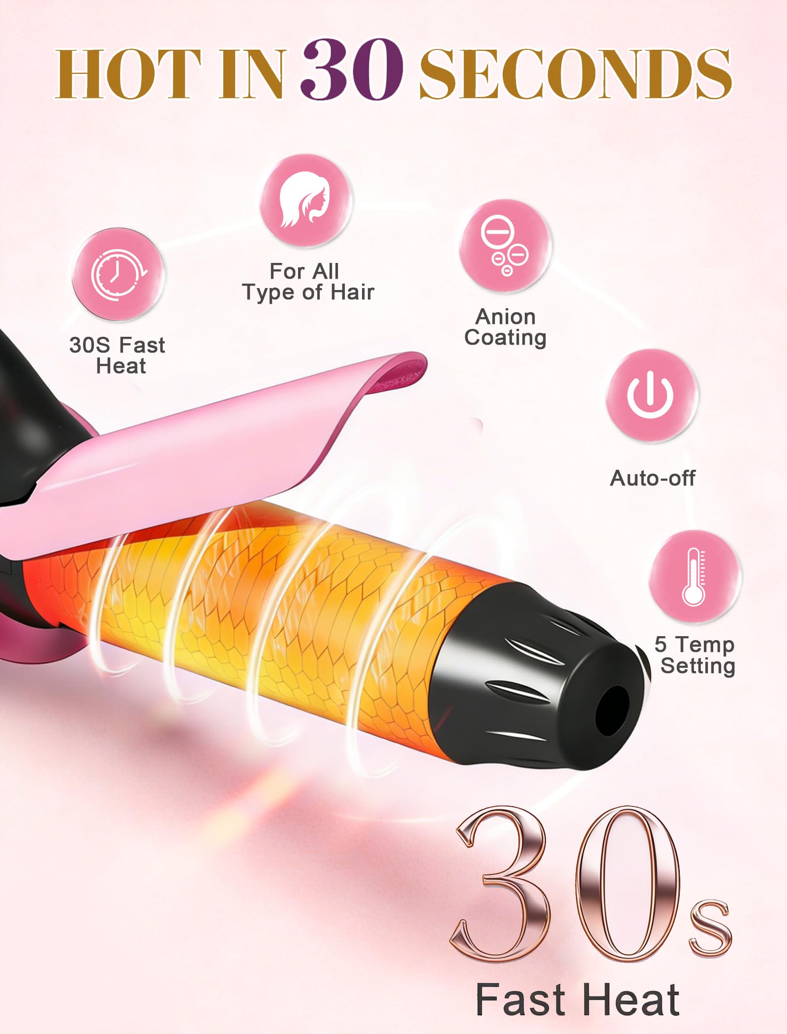 Pink Dual Voltage Travel Curling Iron with Ceramic Tourmaline Barrel
