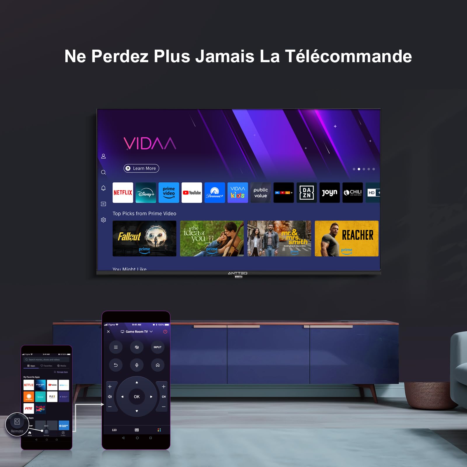 Antteq AV32H5Q Téléviseur 32 Pouces QLED Smart TV Bluetooth avec Triple Tuner HD (DVB-C/-S2/-T2) App Store, Netflix, Prime Video, Rakuten TV, DAZN, Youtube et Plus