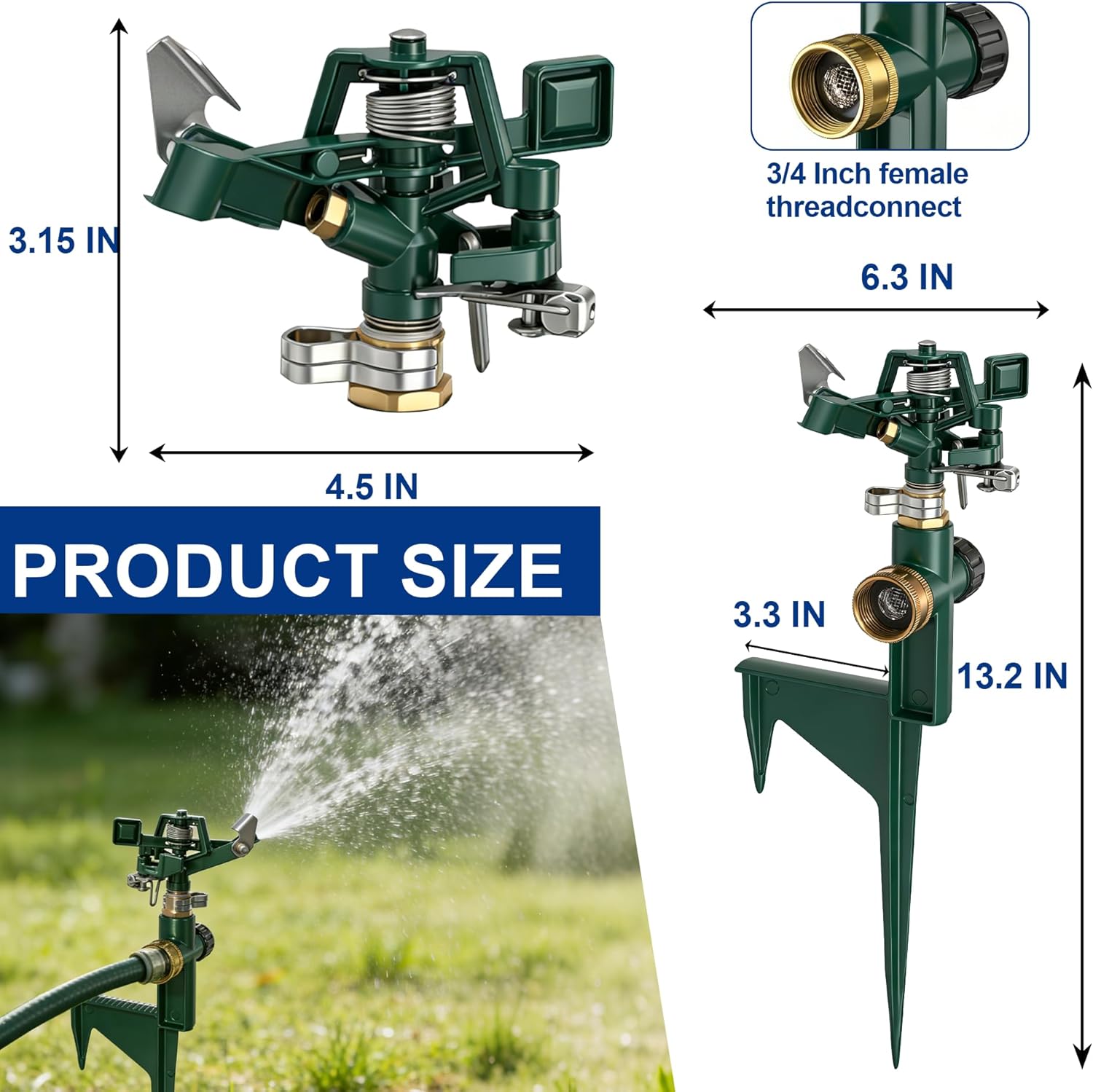 Hourleey 2 Pack Impact Sprinklers for Yard, Adjustable Pulsating Water Sprinkler Head on Step Spike, Zinc Alloy Lawn Sprinkler for 360 Degree Large Area Patio Garden Irrigation