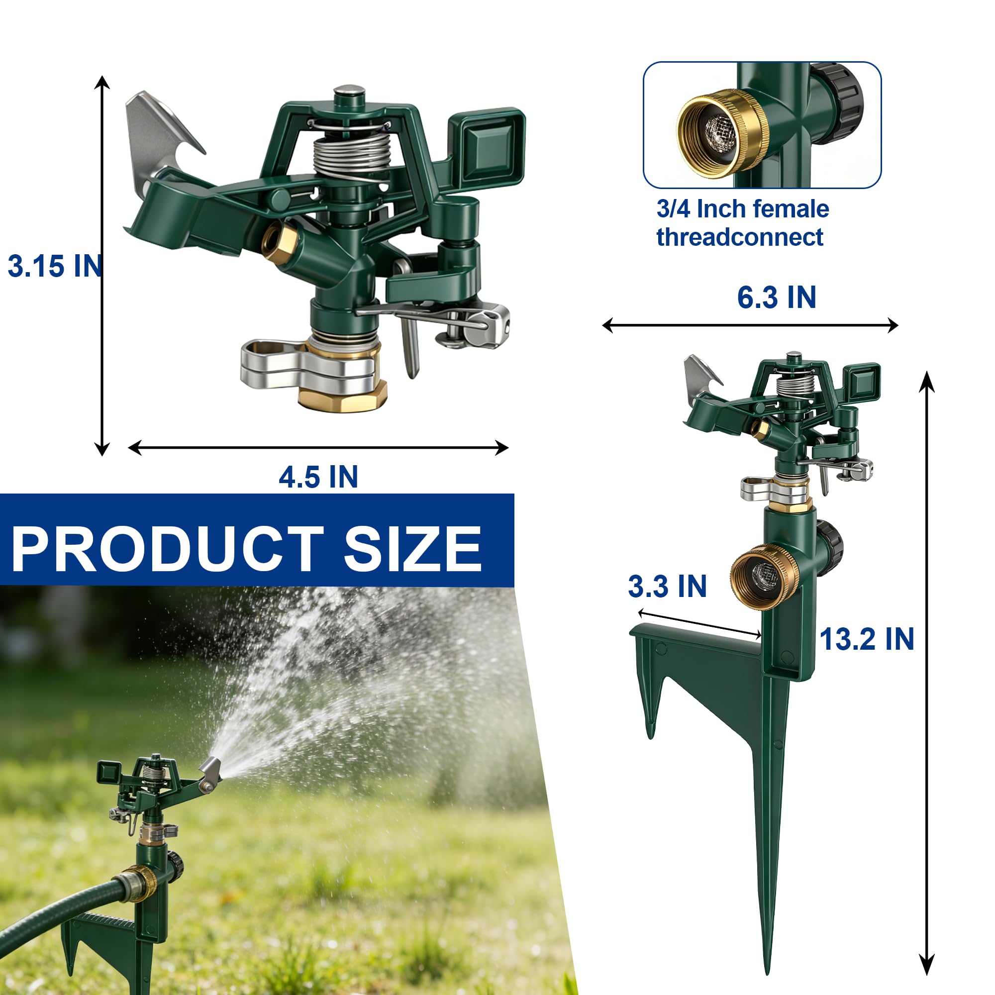 Hourleey Confezione da 2 irrigatori a impatto per cortile, spruzzatore d'acqua pulsante regolabile su picchetto, in lega di zinco per irrigazione da giardino a 360 gradi
