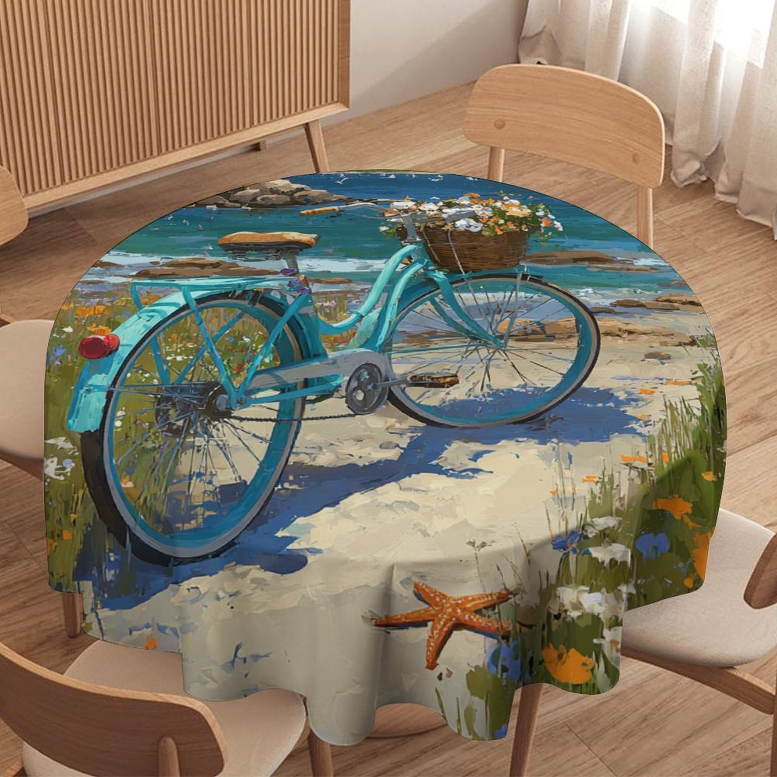 LUYYSKY Beautiful Realistic Coastal Beach Round Tablecloth Classic Nautical Ocean Seascape Animal Seagull Bicycle Washable Decor for Table Cover for Kitchen-152.4" Wx152.4 L cm