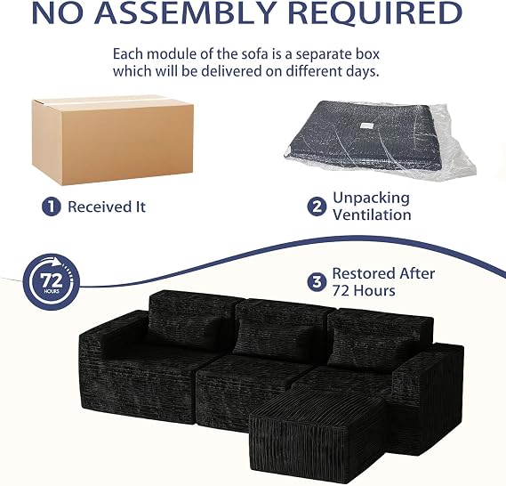 258cm Modular Sofa Boneless Cloud Couch Sectional Couch Memory Foam Corduroy Sofa Bed Wide Armrest Deep Seat Pillow Bottom Anti-Slip Living Room Bedroom No Assembly Required, Black, 3 Seater