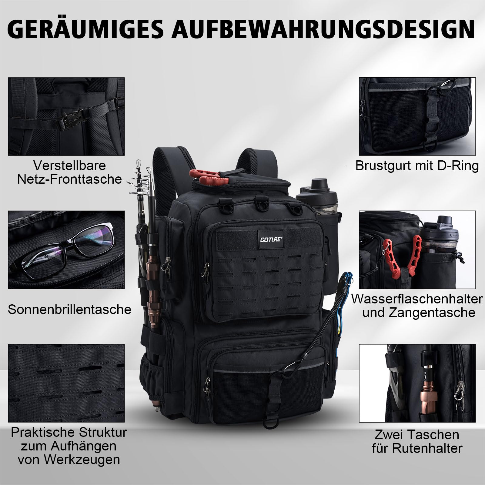 Goture Mochila de pesca con dos soportes para cañas de pescar y protector de lluvia, bolsa impermeable para aparejos de pesca con compartimento ajustable y 8 bolsillos para cebo, mochila de 45 litros